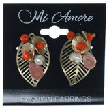 Leaf Stud-Earrings With Bead Accents Gold-Tone & Orange Colored #1388