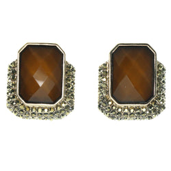 Brown & Gold-Tone Colored Metal Stud-Earrings With Crystal Accents #1390