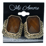 Brown & Gold-Tone Colored Metal Stud-Earrings With Crystal Accents #1390
