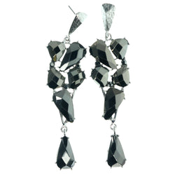 Silver-Tone & Black Colored Metal Dangle-Earrings With Faceted Accents #1392