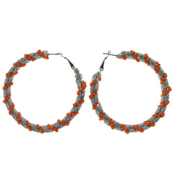 Silver-Tone & Orange Colored Metal Hoop-Earrings With Bead Accents #1395
