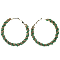 Gold-Tone & Green Colored Metal Hoop-Earrings With Bead Accents #1396