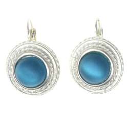 Silver-Tone & Blue Colored Metal Dangle-Earrings With Bead Accents #1398