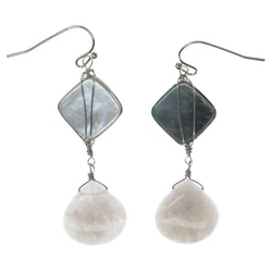 Silver-Tone & Gray Colored Metal Dangle-Earrings With Stone Accents #1402