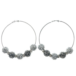 Silver-Tone & Black Colored Metal Hoop-Earrings With Bead Accents #1403