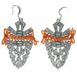 Silver-Tone & Orange Colored Metal Dangle-Earrings With Crystal Accents #1407