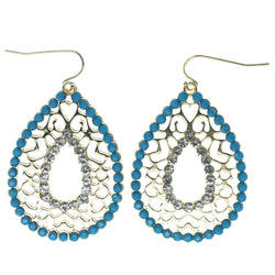Gold-Tone & Blue Colored Metal Dangle-Earrings With Crystal Accents #1411