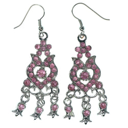 Silver-Tone & Pink Colored Metal Dangle-Earrings With Crystal Accents #1417