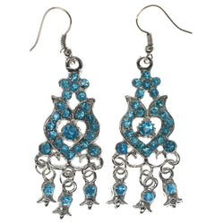 Silver-Tone & Blue Colored Metal Dangle-Earrings With Crystal Accents #1418