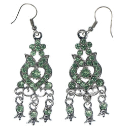 Silver-Tone & Green Colored Metal Dangle-Earrings With Crystal Accents #1419