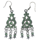 Silver-Tone & Green Colored Metal Dangle-Earrings With Crystal Accents #1419