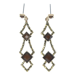 Brown & Gold-Tone Colored Metal Dangle-Earrings With Crystal Accents #1426