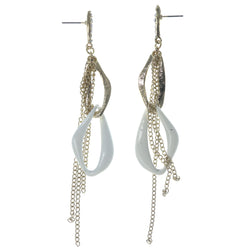 Gold-Tone & White Colored Metal Dangle-Earrings With Crystal Accents #1427