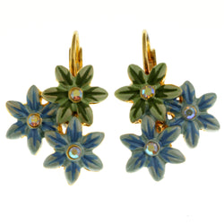 Flower Dangle-Earrings With Crystal Accents Blue & Green Colored #1459