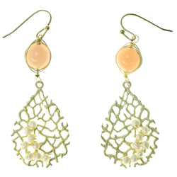 Gold-Tone & Peach Colored Metal Dangle-Earrings With Bead Accents #1481