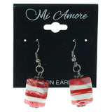 Red & White Colored Metal Dangle-Earrings With Stone Accents #1488