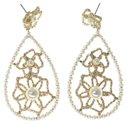Gold-Tone & White Colored Metal Dangle-Earrings With Bead Accents #1491