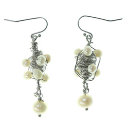 Wire Wrap Dangle-Earrings With Bead Accents Silver-Tone & White Colored #1493