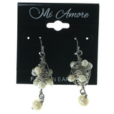 Wire Wrap Dangle-Earrings With Bead Accents Silver-Tone & White Colored #1493