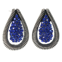 Silver-Tone & Blue Colored Metal Stud-Earrings With Crystal Accents #1496