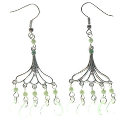 Silver-Tone & Green Colored Metal Dangle-Earrings With Bead Accents #1509