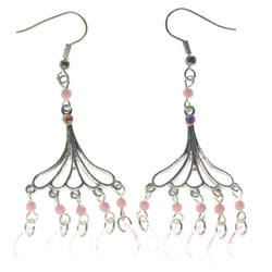 Silver-Tone & Pink Colored Metal Dangle-Earrings With Bead Accents #1510