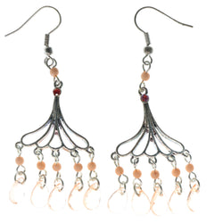Silver-Tone & Peach Colored Metal Dangle-Earrings With Bead Accents #1511