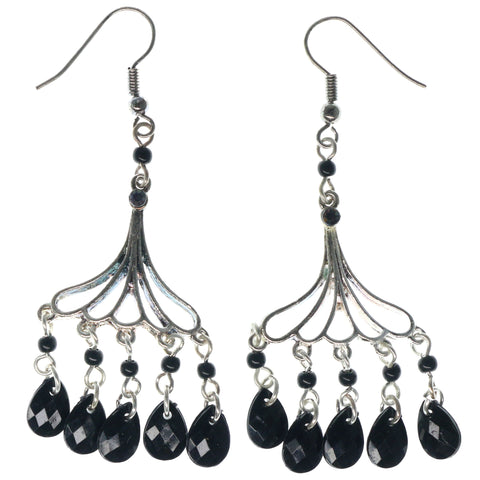 Silver-Tone & Black Colored Metal Dangle-Earrings With Bead Accents #1513