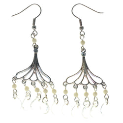 Silver-Tone & White Colored Metal Dangle-Earrings With Bead Accents #1514