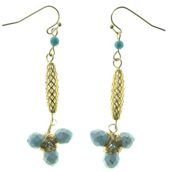Gold-Tone & Blue Colored Metal Dangle-Earrings With Faceted Accents #1529