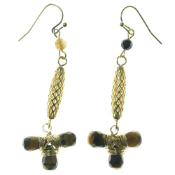 Gold-Tone & Brown Colored Metal Dangle-Earrings With Faceted Accents #1531