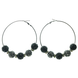 Silver-Tone & Black Colored Metal Hoop-Earrings With Crystal Accents #1561