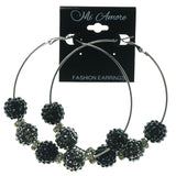 Silver-Tone & Black Colored Metal Hoop-Earrings With Crystal Accents #1561