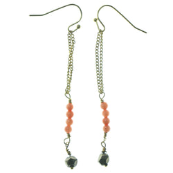 Gold-Tone & Peach Colored Metal Dangle-Earrings With Bead Accents #1571