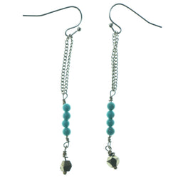 Silver-Tone & Blue Colored Metal Dangle-Earrings With Bead Accents #1573