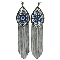 Flower Dangle-Earrings With Crystal Accents Silver-Tone & Blue Colored #1592