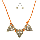 Adjustable Length Matching Earrings Collar-Necklace Jewelry Set With Crystal Accents Orange & Gold-Tone Colored #2679