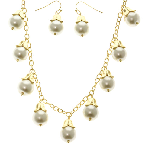 Adjustable Length Matching Earrings Statement-Necklace Jewelry Set With Bead Accents Gold-Tone & White Colored #2689