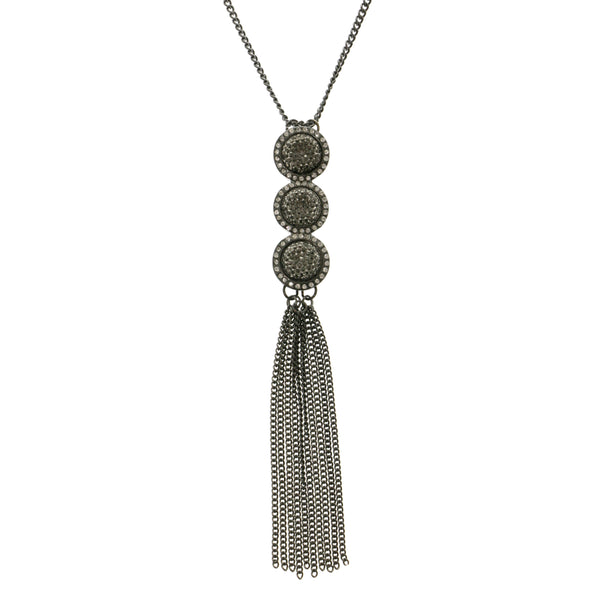 Tassels Adjustable Length Long-Necklace  With Crystal Accents Dark Silver Color #2472