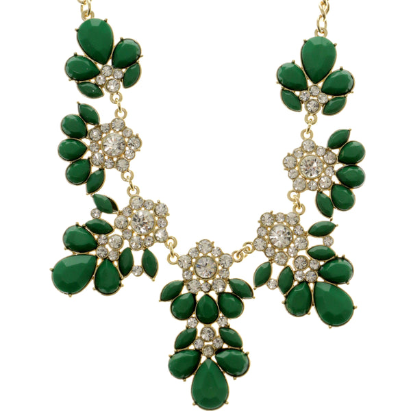 Adjustable Length Statement-Necklace With Crystal Accents Green & Gold-Tone Colored #2712