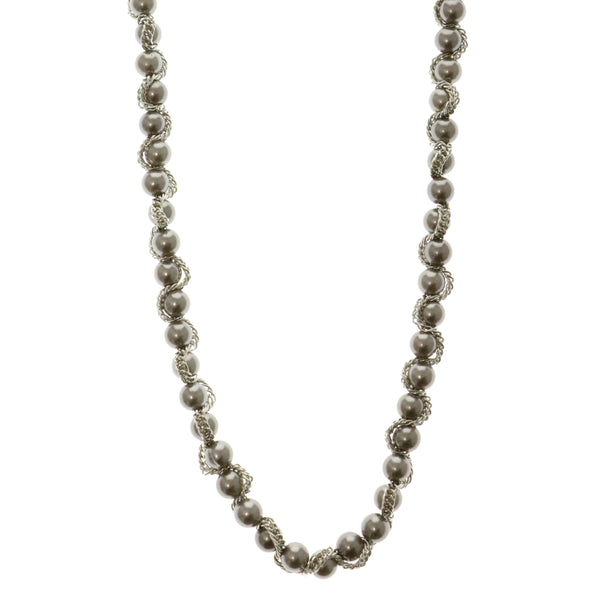 Silver-Tone & Gray Colored Metal Beaded-Necklace With Interwoven Chain Accents #2550
