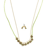 Adjustable Length Matching Earrings Layered-Necklace Jewelry Set With Crystal Accents Green & Gold-Tone Colored #2554