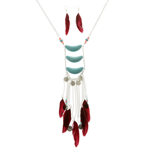 Coins Feathers Matching Earrings Statement-Necklace Jewelry Set With Stone Accents Colorful & Silver-Tone Colored #2572