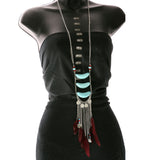 Coins Feathers Matching Earrings Statement-Necklace Jewelry Set With Stone Accents Colorful & Silver-Tone Colored #2572