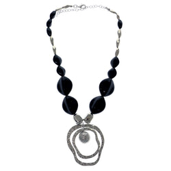 Adjustable Length Statement-Necklace With Bead Accents Black & Silver-Tone Colored #2578