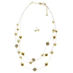 Adjustable Length Matching Earrings Layered-Necklace Jewelry Set With Crystal Accents White & Gold-Tone Colored #2588