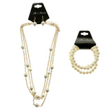 Adjustable Length Matching Earrings & Bracelets Layered-Necklace Jewelry Set With Bead Accents Gold-Tone & White Colored #2591