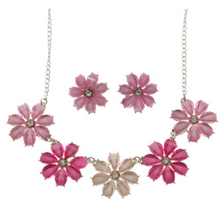 Flowers Adjustable Length Statement-Necklace Jewelry Set With Faceted Accents Pink & Silver-Tone Colored #2621