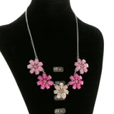 Flowers Adjustable Length Statement-Necklace Jewelry Set With Faceted Accents Pink & Silver-Tone Colored #2621
