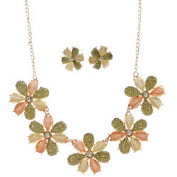 Flowers Adjustable Length Statement-Necklace Jewelry Set With Crystal Accents Colorful & Gold-Tone Colored #2633